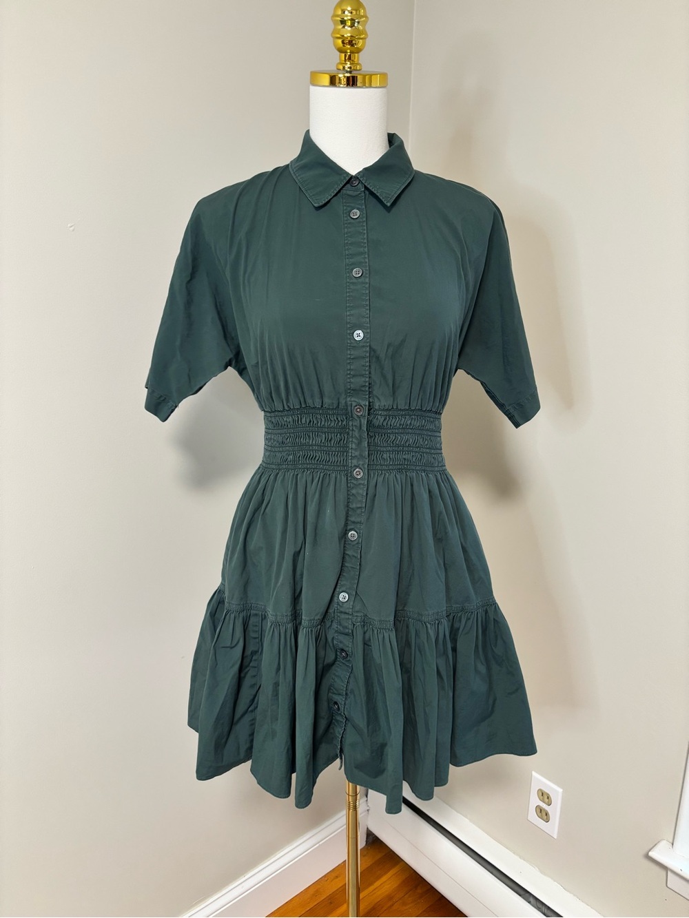 Veronica Beard Greta Forest Green Smocked-Waist Mini Shirt Dress size 6